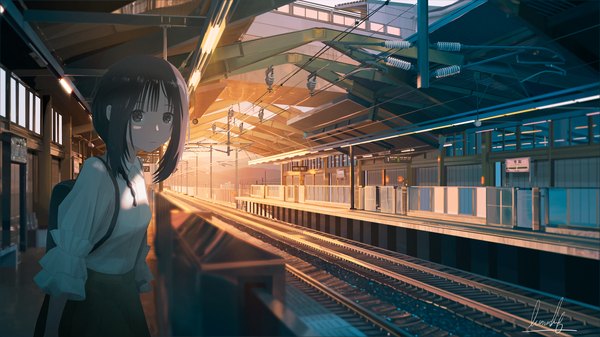 Anime picture 6000x3376 with original banishment single looking at viewer fringe highres short hair brown hair wide image brown eyes absurdres evening sunset landscape girl shirt white shirt power lines train station railways