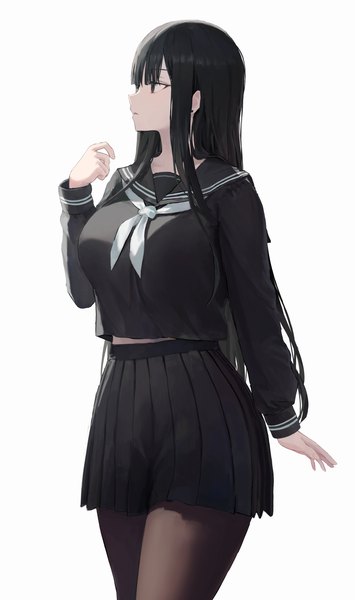 Anime picture 2731x4620 with original pigone single long hair tall image fringe highres breasts black hair simple background standing white background looking away blunt bangs long sleeves profile pleated skirt black eyes girl skirt
