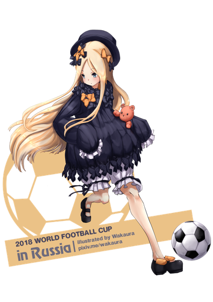 Anime picture 585x827 with fate (series) fate/grand order abigail williams (fate) wakaura asaho single long hair tall image blue eyes blonde hair signed looking away full body sleeves past wrists transparent background 2018 football girl dress bow ribbon (ribbons)