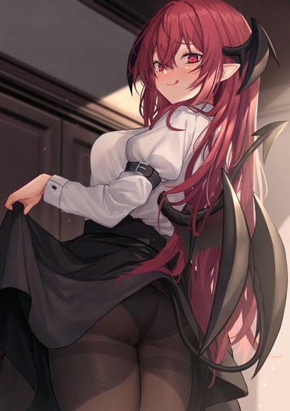 Anime picture 1060x1500 with touhou koakuma wowoguni single long hair tall image looking at viewer blush fringe breasts light erotic smile hair between eyes red eyes standing red hair indoors tail long sleeves looking back
