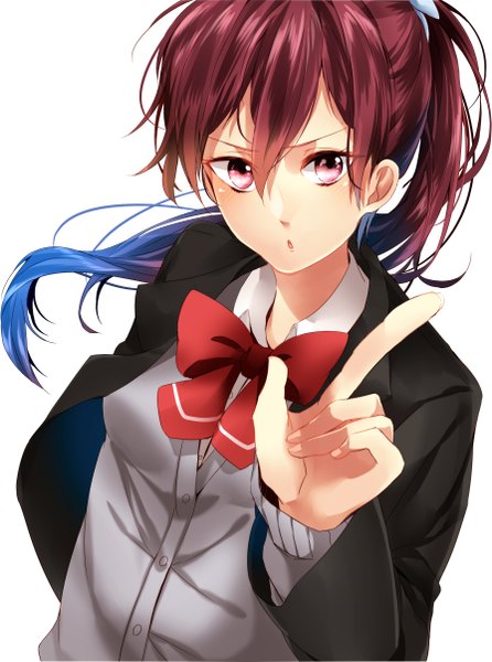 Anime picture 1791x2407 with free! kyoto animation matsuoka gou darkblue1112 single long hair tall image looking at viewer fringe highres simple background brown hair white background ponytail pink eyes girl uniform bow school uniform shirt