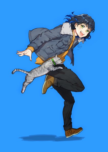 Anime picture 2480x3508 with kimetsu no yaiba ufotable hashibira inosuke piroshiki123 single tall image looking at viewer highres short hair open mouth black hair simple background green eyes :d open jacket teeth alternate costume blue background contemporary boy