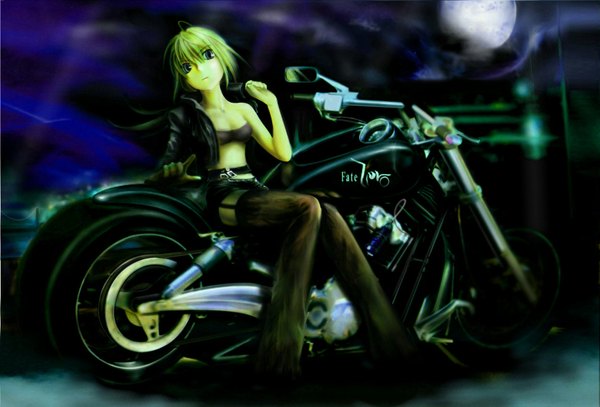 Anime picture 1600x1086 with fate (series) fate/zero type-moon artoria pendragon (all) saber fe (3653771) single long hair looking at viewer blue eyes light erotic blonde hair open clothes open jacket girl jacket moon motorcycle