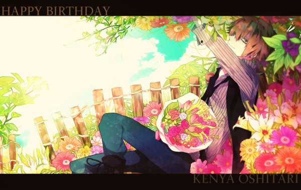 Anime picture 1217x771 with prince of tennis oshitari kenya ibuki (artist) single looking at viewer brown hair yellow eyes sky cloud (clouds) light smile grey eyes character names letterboxed striped reclining open collar framed summer happy birthday flower (flowers)