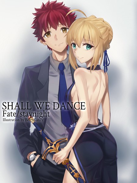 Anime picture 1668x2224 with fate (series) fate/stay night artoria pendragon (all) saber emiya shirou berrykanry tall image looking at viewer fringe short hair breasts simple background blonde hair smile hair between eyes standing bare shoulders holding green eyes signed