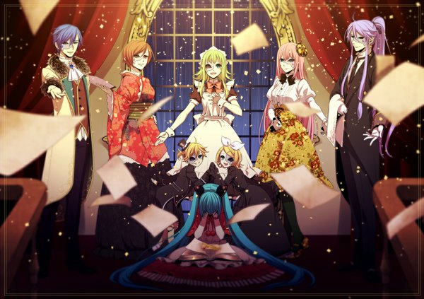 Anime picture 1000x706 with vocaloid everlasting night (vocaloid) hatsune miku megurine luka kagamine rin kagamine len gumi kaito (vocaloid) meiko kamui gakupo suzunosuke (sagula) long hair looking at viewer fringe short hair breasts open mouth blue eyes blonde hair smile