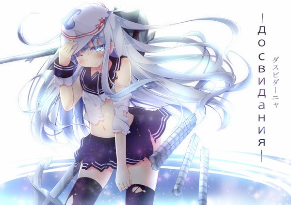 Anime picture 1500x1061 with kantai collection hibiki destroyer verniy destroyer koushuu aki single long hair blush blue eyes light erotic white hair one eye closed wink torn clothes hammer and sickle girl thighhighs navel weapon black thighhighs sailor suit