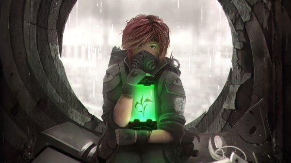 Anime picture 2560x1440 with alextooth single highres short hair wide image sitting green eyes pink hair glowing rain girl plant (plants) fingerless gloves respirator