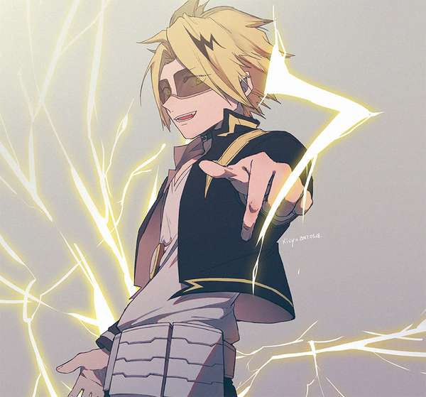 Anime picture 900x839 with boku no hero academia studio bones kaminari denki xi yuu single looking at viewer short hair open mouth simple background blonde hair signed yellow eyes upper body grey background dated electricity boy sunglasses number (numbers)
