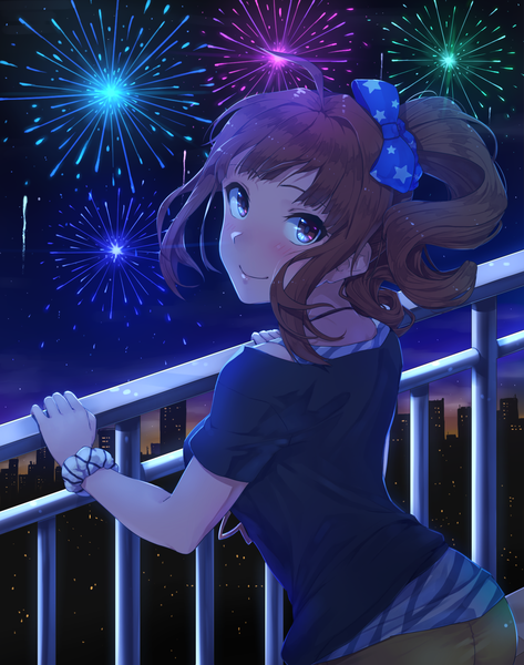 Anime picture 2050x2600 with idolmaster idolmaster million live! yokoyama nao ldl (bcw1025) single long hair tall image looking at viewer blush fringe highres smile brown hair standing purple eyes payot ahoge outdoors ponytail looking back