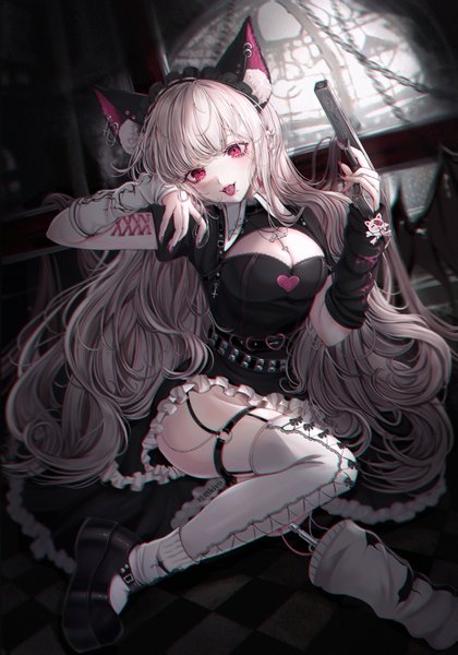 Anime picture 2102x3000 with original zombie220 single long hair tall image looking at viewer fringe highres breasts open mouth light erotic blonde hair sitting holding animal ears cleavage bent knee (knees) indoors blunt bangs nail polish