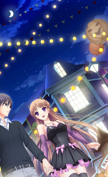 Anime picture 1024x1664 with walkure romanze noel marres ascot long hair tall image open mouth black hair smile brown hair purple eyes bare shoulders game cg night night sky couple crescent girl dress boy detached sleeves moon