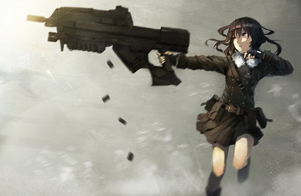 Anime picture 1000x652 with original seafh (artist) long hair fringe black hair running casing ejection girl weapon boots belt fingerless gloves gun thigh boots huge weapon assault rifle shell casing