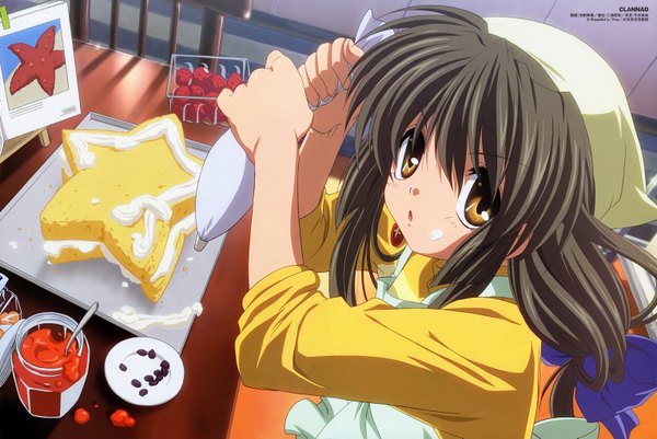 Anime picture 6117x4091 with clannad key (studio) ibuki fuuko ikeda kazumi single long hair looking at viewer fringe highres open mouth brown hair brown eyes scan wallpaper cooking girl food sweets book (books) apron