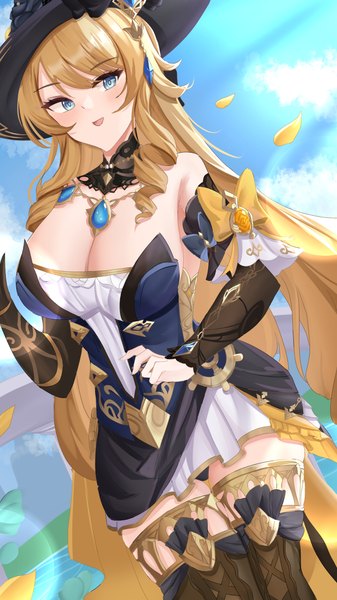 Anime picture 3424x6089 with genshin impact navia (genshin impact) kuro (blackpgmickey) single long hair tall image blush highres breasts light erotic blonde hair smile large breasts standing bare shoulders looking away absurdres sky cloud (clouds) aqua eyes