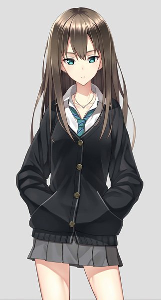 Anime picture 539x1000 with idolmaster idolmaster cinderella girls shibuya rin fame peera single long hair tall image looking at viewer blush simple background brown hair pleated skirt aqua eyes grey background hands in pockets girl skirt uniform school uniform miniskirt