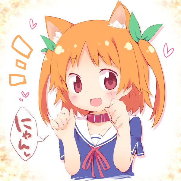 Anime picture 2000x2000 with ore no kanojo to osananajimi ga shuraba sugiru a-1 pictures harusaki chiwa ayakashi (monkeypanch) single looking at viewer blush fringe highres open mouth simple background red eyes white background animal ears upper body :d cat ears orange hair short sleeves fang (fangs)