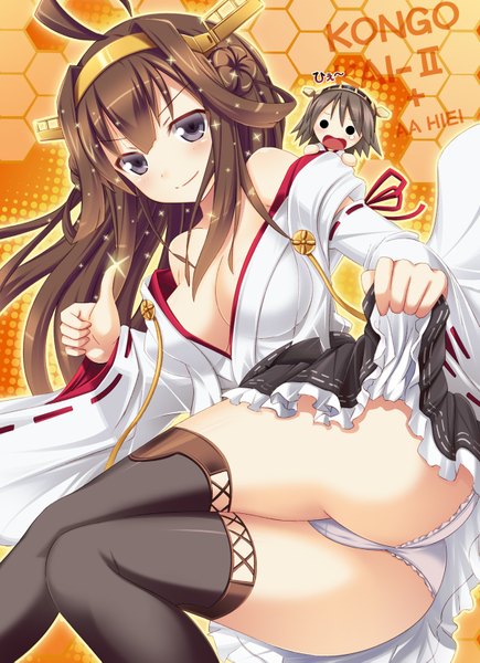 Anime picture 1200x1653 with kantai collection kongou battleship usagi nezumi long hair tall image blush breasts light erotic brown hair ahoge ass black eyes nontraditional miko solid eyes girl thighhighs hair ornament underwear panties black thighhighs