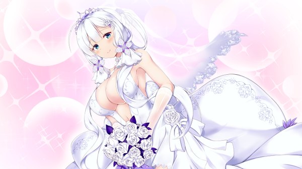Anime picture 5760x3240 with azur lane illustrious (azur lane) illustrious (morning star of love and hope) (azur lane) mamizu single long hair looking at viewer blush fringe highres breasts blue eyes light erotic simple background smile wide image large breasts standing bare shoulders absurdres