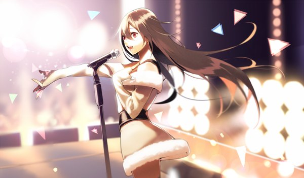 Anime picture 1280x750 with original leenim single long hair open mouth smile red eyes brown hair wide image standing bare shoulders looking away outstretched arm singing girl belt fur microphone confetti microphone stand