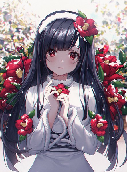 Anime picture 1200x1621 with original ttosom single long hair tall image looking at viewer blush fringe black hair red eyes holding upper body blunt bangs long sleeves head tilt hair flower blurry wide sleeves depth of field fur trim