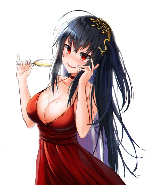 Anime picture 3794x4716 with azur lane taihou (azur lane) taihou (forbidden feast) (azur lane) lkeris single long hair tall image looking at viewer blush fringe highres breasts open mouth light erotic black hair simple background smile hair between eyes red eyes white background