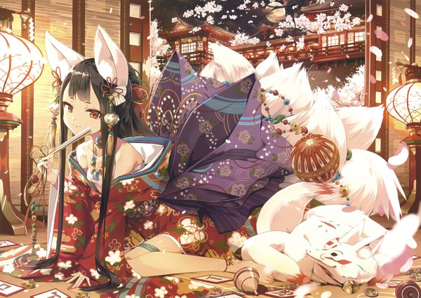 Anime picture 3000x2126 with original eshi 100-nin ten cura single long hair looking at viewer fringe highres light erotic black hair smile red eyes sitting bare shoulders holding animal ears payot full body bent knee (knees) indoors