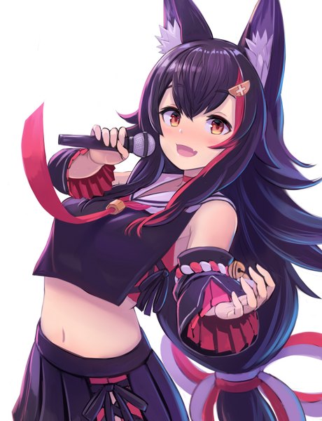 Anime picture 1216x1584 with virtual youtuber hololive ookami mio ookami mio (1st costume) enumiyan single long hair tall image looking at viewer blush fringe open mouth black hair simple background smile hair between eyes standing white background holding animal ears