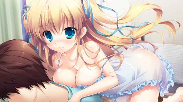 Anime picture 1280x720 with hime-sama love life! ruria von dina mikeou long hair blush short hair breasts blue eyes light erotic blonde hair smile brown hair wide image large breasts twintails game cg cleavage solo focus strap slip girl
