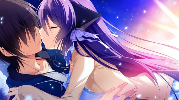 Anime picture 1200x675 with yukikoi melt himeguri taruhi nanaka mai long hair blush short hair open mouth black hair wide image animal ears game cg purple hair eyes closed cat ears couple kiss hair over eyes girl boy clothes