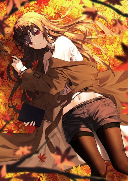 Anime picture 3035x4299 with original hyonee single long hair tall image looking at viewer fringe highres black hair smile red eyes holding absurdres outdoors lying long sleeves arm up from above blurry off shoulder