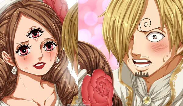 Anime picture 1321x770 with one piece toei animation sanji charlotte pudding enara123 long hair blush fringe short hair open mouth blonde hair red eyes brown hair wide image brown eyes signed looking away parted lips hair flower lips