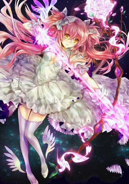 Anime picture 1500x2129 with mahou shoujo madoka magica shaft (studio) kaname madoka goddess madoka madogawa single long hair tall image twintails yellow eyes pink hair looking down short twintails space weightlessness girl thighhighs dress gloves flower (flowers)