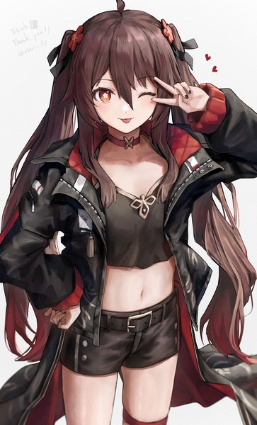 Anime picture 1101x1821 with genshin impact hu tao (genshin impact) ebiri fy single long hair tall image looking at viewer blush fringe breasts simple background hair between eyes red eyes brown hair standing white background twintails signed payot ahoge