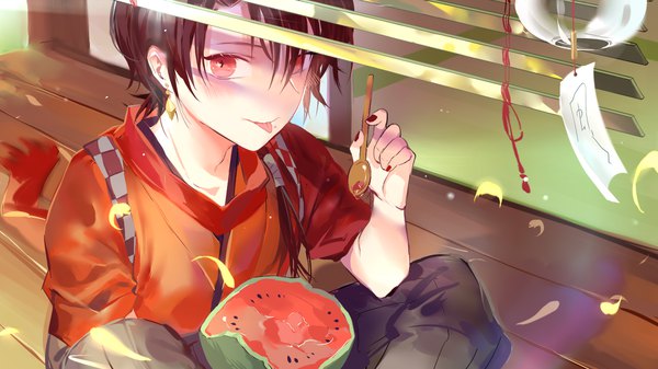 Anime picture 1920x1080 with touken ranbu nitroplus kashuu kiyomitsu qidai single long hair looking at viewer highres red eyes brown hair wide image sitting nail polish traditional clothes japanese clothes eating red nail polish indian style boy earrings