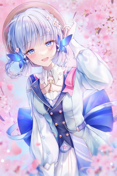 Anime picture 2731x4096 with genshin impact kamisato ayaka kamisato ayaka (springbloom missive) yume (yume kawa 030) single tall image blush fringe highres short hair open mouth blue eyes silver hair blunt bangs :d hair flower cherry blossoms official alternate costume girl hair ornament
