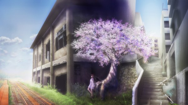 Anime picture 1280x720 with original geshi single short hair brown hair wide image cloud (clouds) cherry blossoms girl dress plant (plants) tree (trees) grass stairs house