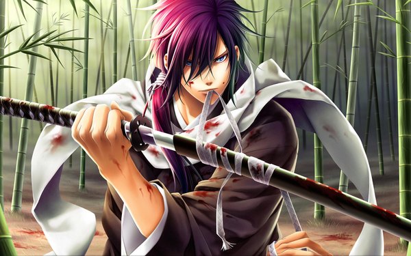 Anime picture 1680x1050 with hakuouki shinsengumi kitan studio deen saito hajime single long hair blue eyes wide image purple hair mouth hold samurai boy plant (plants) sword blood bandage (bandages) bamboo