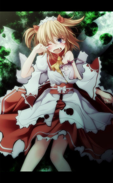 Anime picture 1000x1618 with touhou sunny milk s-syogo single tall image blush short hair open mouth blonde hair purple eyes two side up tears torn clothes girl wings headdress