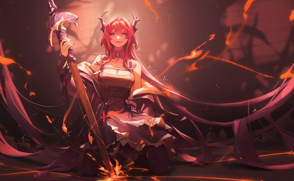 Anime picture 3620x2238 with arknights surtr (arknights) wushier single long hair looking at viewer fringe highres breasts smile hair between eyes wide image large breasts purple eyes absurdres cleavage red hair horn (horns) kneeling girl