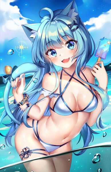 Anime picture 809x1250 with original squchan single long hair tall image looking at viewer blush fringe breasts open mouth blue eyes light erotic smile hair between eyes large breasts standing holding signed animal ears blue hair