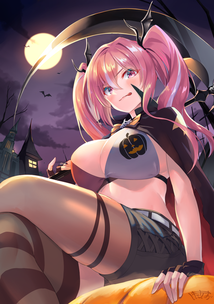 Anime picture 1000x1417 with azur lane bremerton (azur lane) shimozuki shio single long hair tall image looking at viewer fringe breasts light erotic hair between eyes large breasts sitting twintails pink hair pink eyes multicolored hair night streaked hair night sky