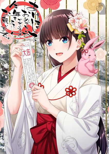 Anime picture 1158x1637 with original zaregoto tsukai no deshi single long hair tall image fringe open mouth blue eyes brown hair holding looking away upper body blunt bangs traditional clothes :d japanese clothes miko new year happy new year animal on shoulder