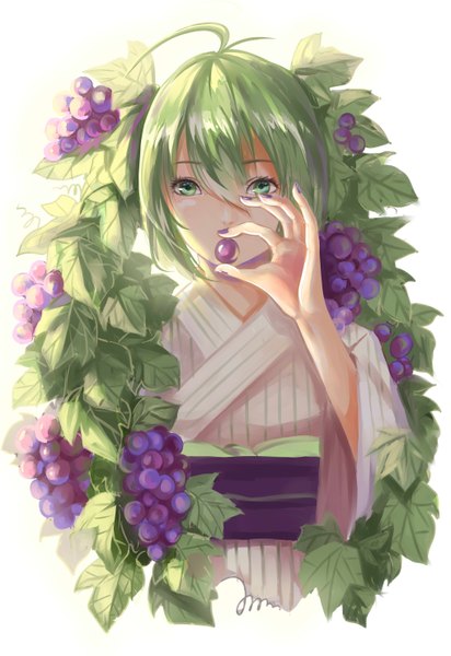 Anime picture 2031x2952 with vocaloid hatsune miku etin single long hair tall image highres simple background white background green eyes traditional clothes japanese clothes green hair girl food kimono leaf (leaves) berry (berries) grapes