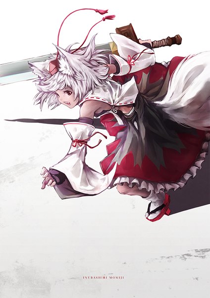 Anime picture 707x1000 with touhou inubashiri momiji satyuas single tall image short hair open mouth red eyes animal ears white hair tail animal tail character names wolf ears wolf tail wolf girl girl weapon detached sleeves huge weapon