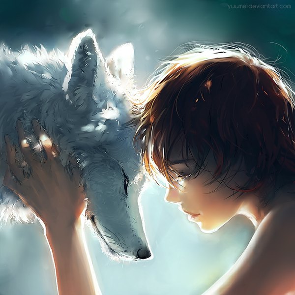 Anime picture 800x800 with original yuumei short hair brown hair eyes closed profile inscription light girl animal wolf