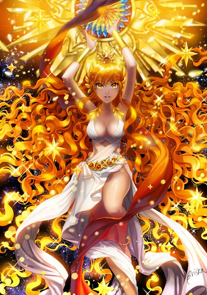 Anime picture 800x1136 with original briska single tall image looking at viewer fringe breasts light erotic blonde hair large breasts bare shoulders brown eyes signed yellow eyes cleavage bent knee (knees) very long hair parted lips multicolored hair lips