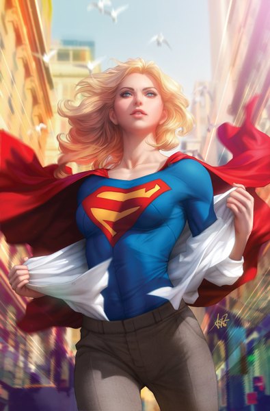 Anime-Bild 2000x3037 mit dc comics supergirl artgerm (stanley lau) single long hair tall image highres blue eyes blonde hair signed sky outdoors parted lips wind lips realistic from below looking up undressing skin tight