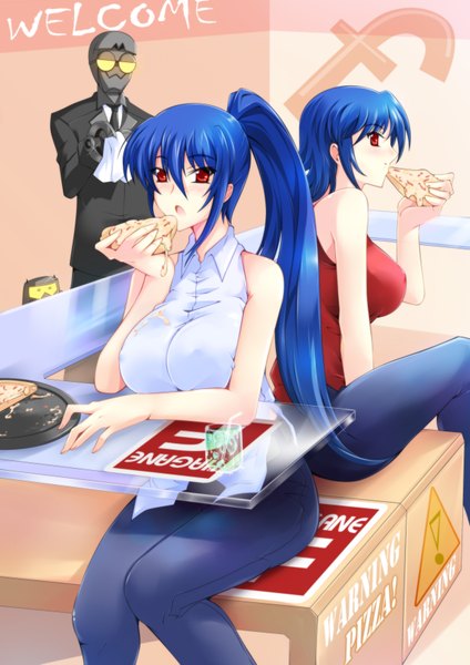 Anime picture 2480x3507 with original akatsuki shigure (original) akatsuki natsumi (original) haganef long hair tall image looking at viewer blush highres short hair breasts light erotic red eyes large breasts multiple girls blue hair ponytail eating girl 2 girls