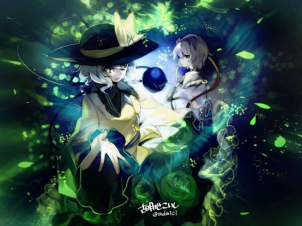 Anime picture 900x675 with touhou komeiji koishi komeiji satori no-kan looking at viewer short hair multiple girls green eyes signed silver hair profile siblings outstretched hand sisters girl 2 girls hat blouse eyeball